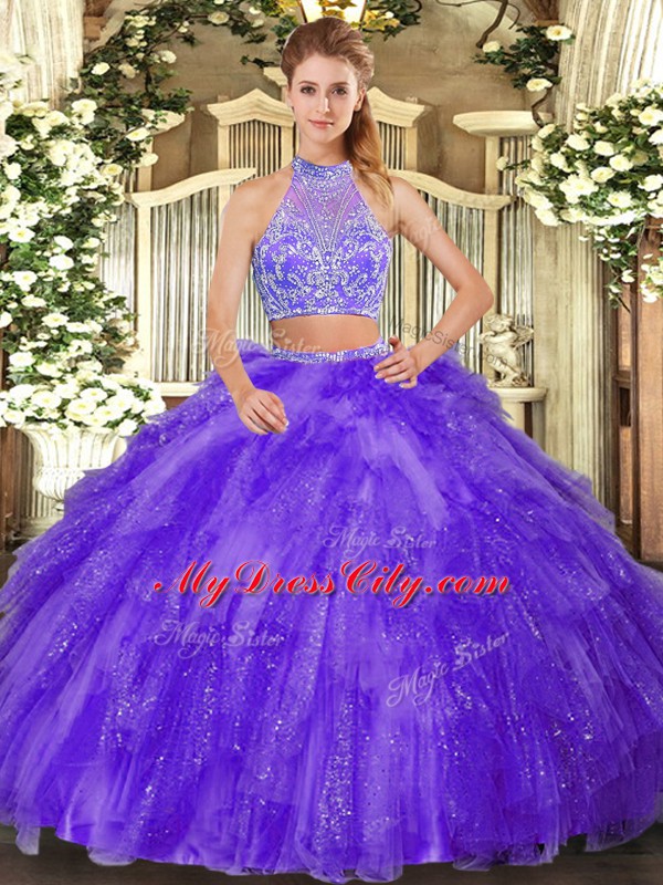 Halter Top Sleeveless Sweet 16 Dresses Floor Length Beading and Ruffles Purple Tulle