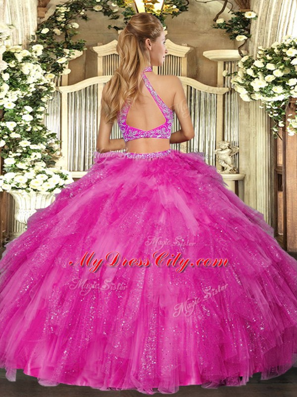 Halter Top Sleeveless Sweet 16 Dresses Floor Length Beading and Ruffles Purple Tulle