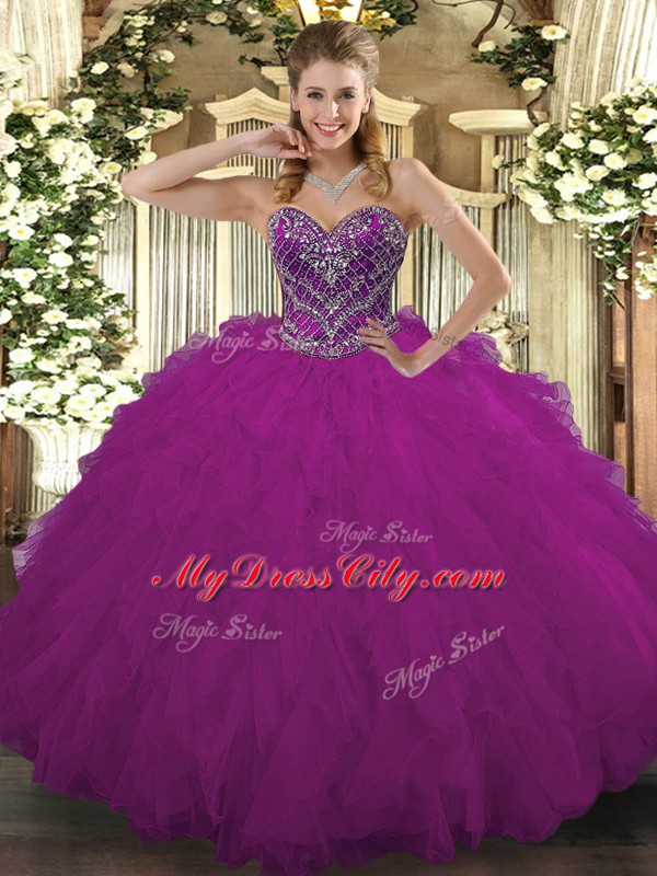 Fuchsia Sleeveless Tulle Lace Up Sweet 16 Dress for Military Ball and Sweet 16 and Quinceanera