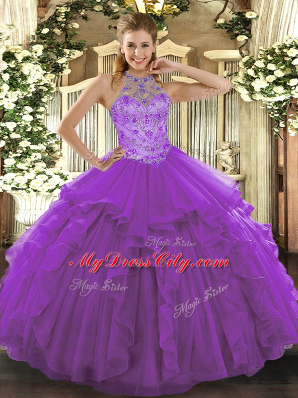 Custom Design Floor Length Ball Gowns Sleeveless Purple 15 Quinceanera Dress Lace Up