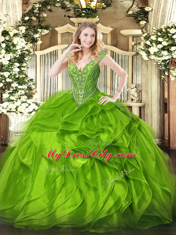 Best Organza Lace Up V-neck Sleeveless Floor Length Quince Ball Gowns Beading and Ruffles