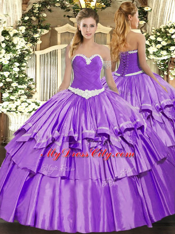 Clearance Lavender Lace Up Sweet 16 Dress Appliques and Ruffled Layers Sleeveless Floor Length