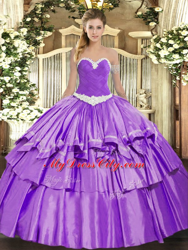 Clearance Lavender Lace Up Sweet 16 Dress Appliques and Ruffled Layers Sleeveless Floor Length