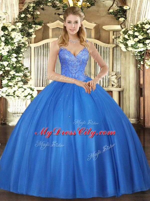 Sleeveless Tulle Floor Length Lace Up Sweet 16 Dresses in Blue with Beading