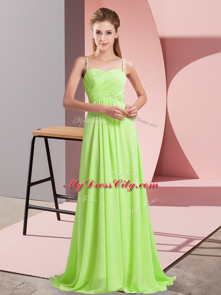 Superior Yellow Green Chiffon Criss Cross Evening Dress Sleeveless Sweep Train Ruching