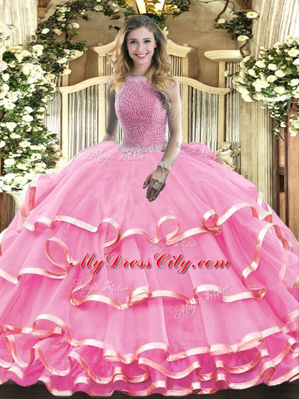 High-neck Sleeveless Organza Sweet 16 Dresses Beading and Ruffled Layers Lace Up