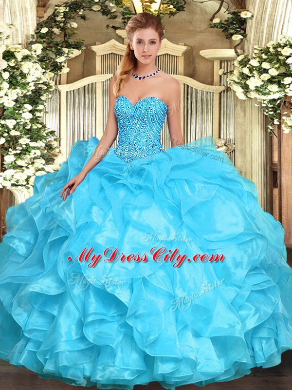 Admirable Aqua Blue Sleeveless Beading and Ruffles Floor Length Sweet 16 Dresses