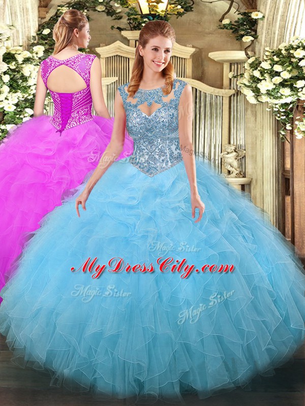 Aqua Blue Ball Gowns Tulle Scoop Sleeveless Beading and Ruffles Floor Length Lace Up Quinceanera Gown