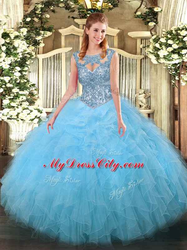 Aqua Blue Ball Gowns Tulle Scoop Sleeveless Beading and Ruffles Floor Length Lace Up Quinceanera Gown