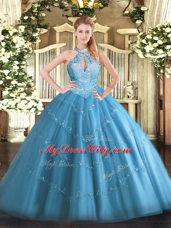 Latest Sleeveless Floor Length Beading Lace Up Quince Ball Gowns with Baby Blue