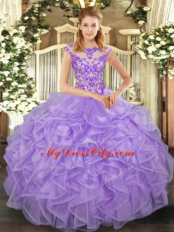 Low Price Floor Length Lavender Quinceanera Dresses Organza Cap Sleeves Beading and Appliques and Ruffles