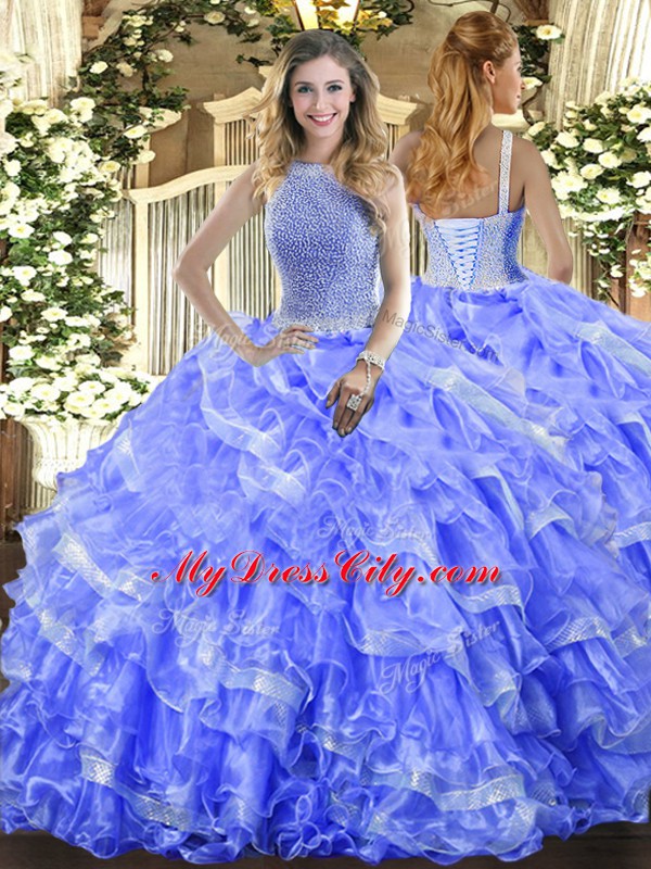 Perfect Floor Length Blue Quinceanera Dresses Organza Sleeveless Beading and Ruffled Layers