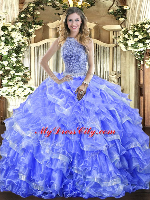 Perfect Floor Length Blue Quinceanera Dresses Organza Sleeveless Beading and Ruffled Layers