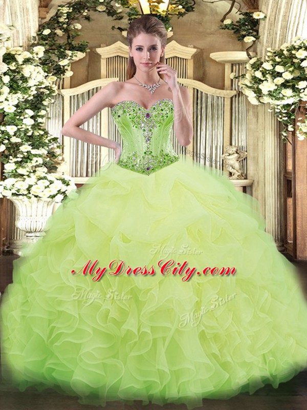 Fancy Yellow Green Lace Up 15 Quinceanera Dress Beading and Ruffles Sleeveless