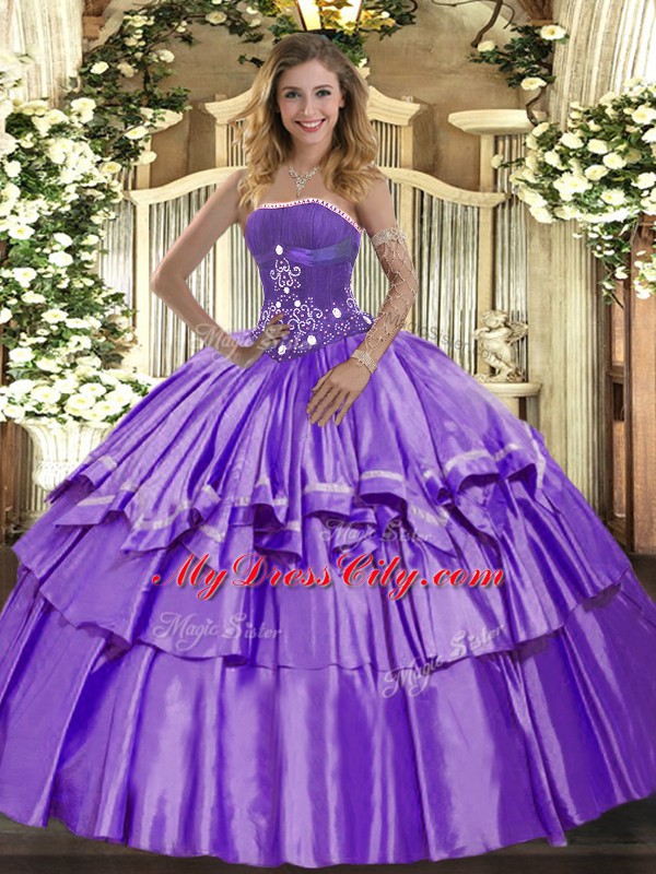 Lavender Strapless Lace Up Beading and Ruffled Layers Quince Ball Gowns Sleeveless