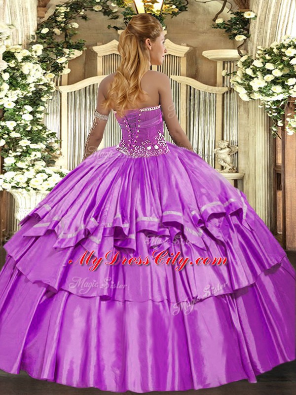 Lavender Strapless Lace Up Beading and Ruffled Layers Quince Ball Gowns Sleeveless