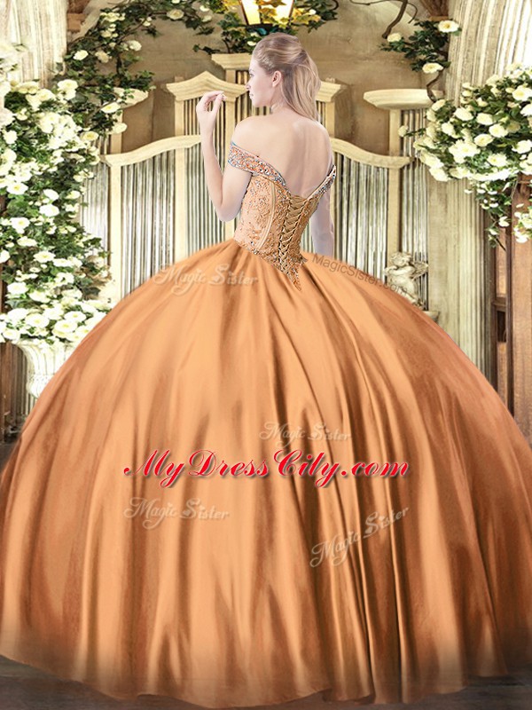 Flare Ball Gowns Off The Shoulder Sleeveless Satin Floor Length Lace Up Beading Quinceanera Dresses