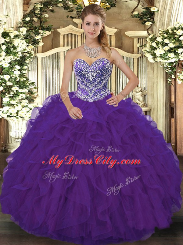 Amazing Purple Lace Lace Up Sweetheart Sleeveless Floor Length Ball Gown Prom Dress Beading and Ruffled Layers