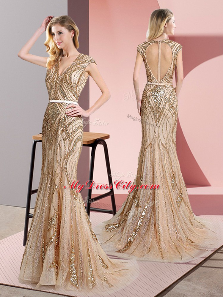 Floor Length Champagne Prom Dress Tulle Sleeveless Beading and Belt