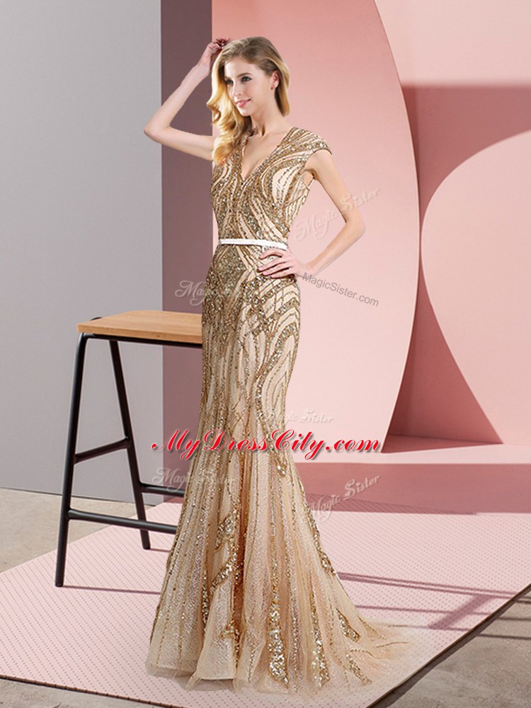 Floor Length Champagne Prom Dress Tulle Sleeveless Beading and Belt