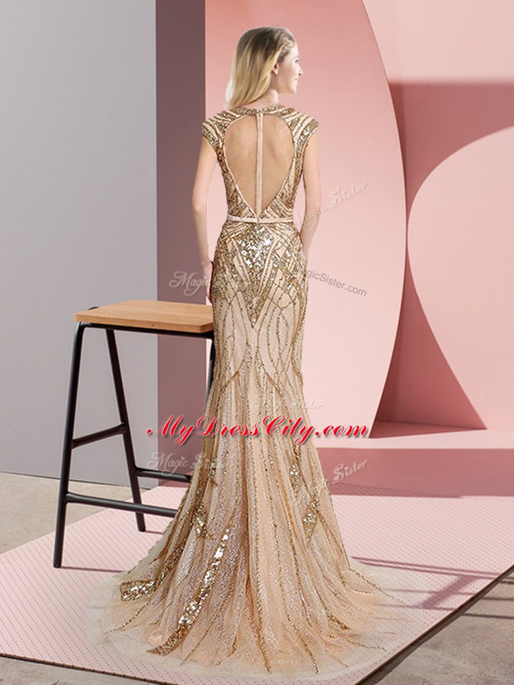 Floor Length Champagne Prom Dress Tulle Sleeveless Beading and Belt