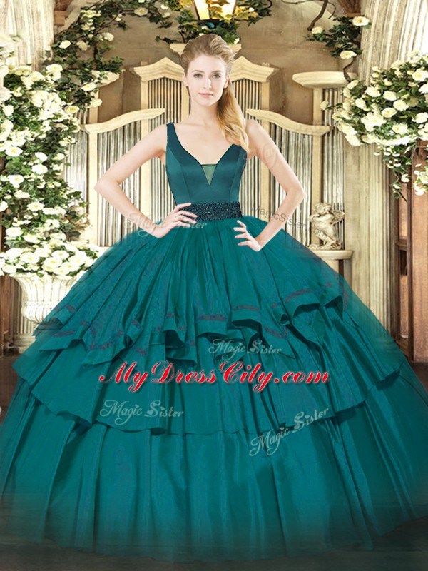 Sexy Teal Organza Zipper Straps Sleeveless Floor Length Vestidos de Quinceanera Beading and Ruffled Layers