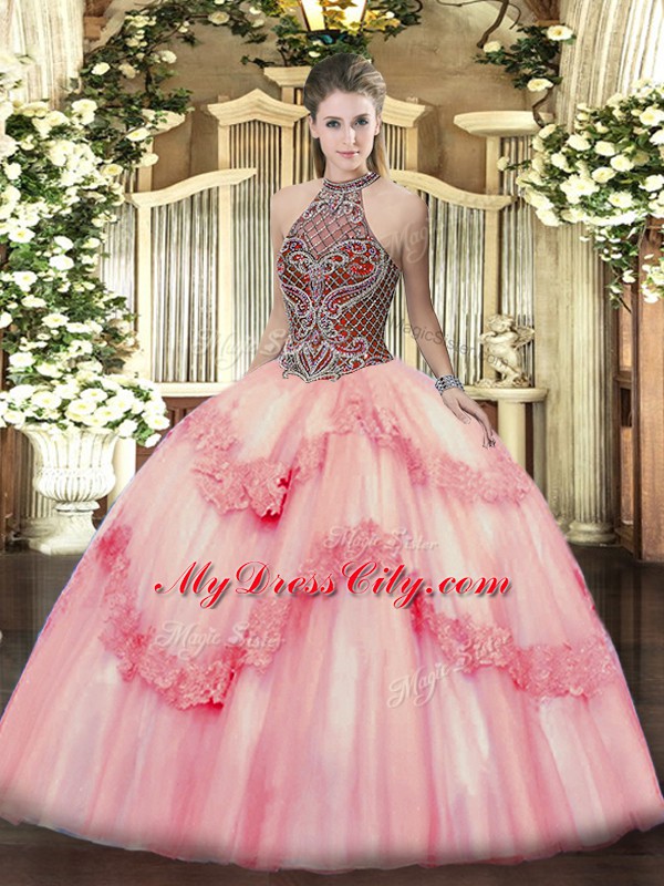 Sleeveless Floor Length Beading and Appliques Lace Up Vestidos de Quinceanera with Pink