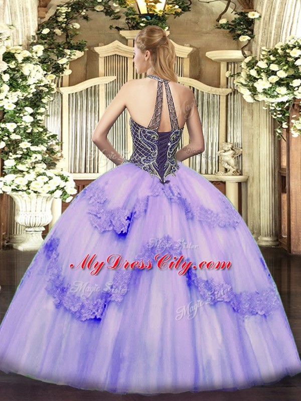 Sleeveless Floor Length Beading and Appliques Lace Up Vestidos de Quinceanera with Pink