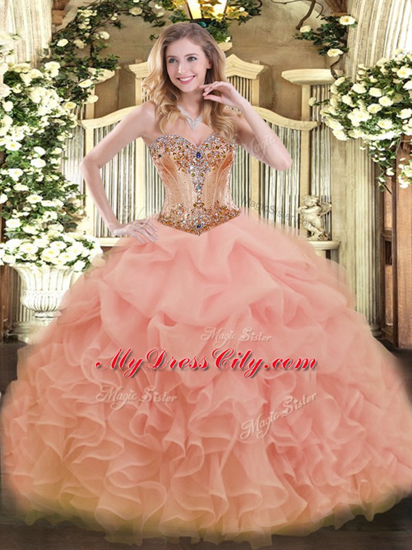 Dramatic Sleeveless Floor Length Beading and Ruffles and Pick Ups Lace Up 15 Quinceanera Dress with Peach