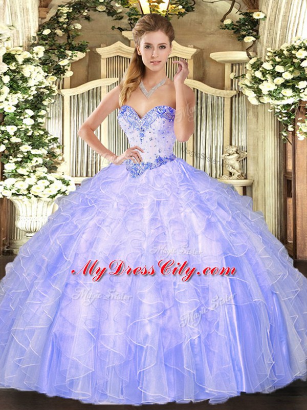 Ideal Lavender Ball Gowns Beading and Ruffles Sweet 16 Dresses Lace Up Organza Sleeveless Floor Length