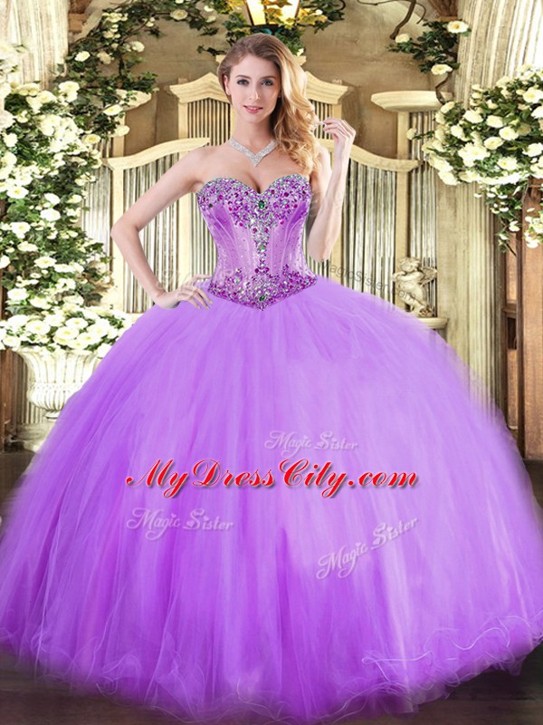 Lavender Lace Up Quinceanera Gowns Beading Sleeveless Floor Length