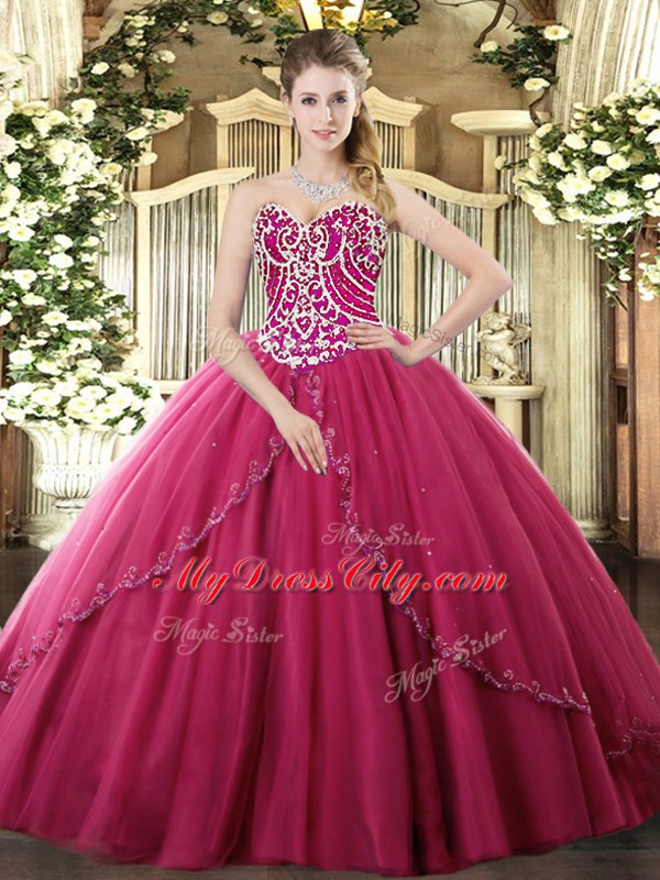 Low Price Ball Gowns Sleeveless Hot Pink Vestidos de Quinceanera Brush Train Lace Up