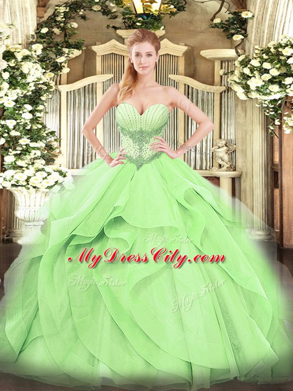 Yellow Green Ball Gowns Tulle Sweetheart Sleeveless Beading and Ruffles Floor Length Lace Up Sweet 16 Dress