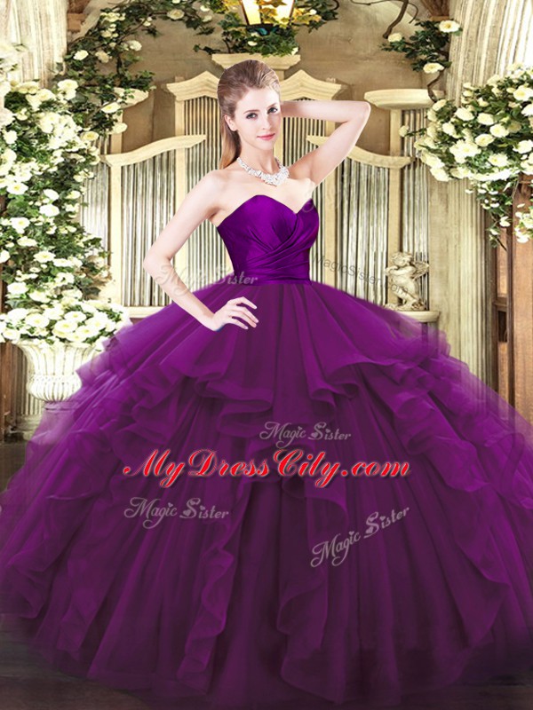 Classical Purple Ball Gowns Tulle Sweetheart Sleeveless Ruffles Floor Length Zipper Quinceanera Dress