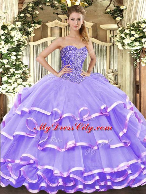 Lavender Organza Lace Up Sweet 16 Quinceanera Dress Sleeveless Floor Length Beading and Ruffled Layers