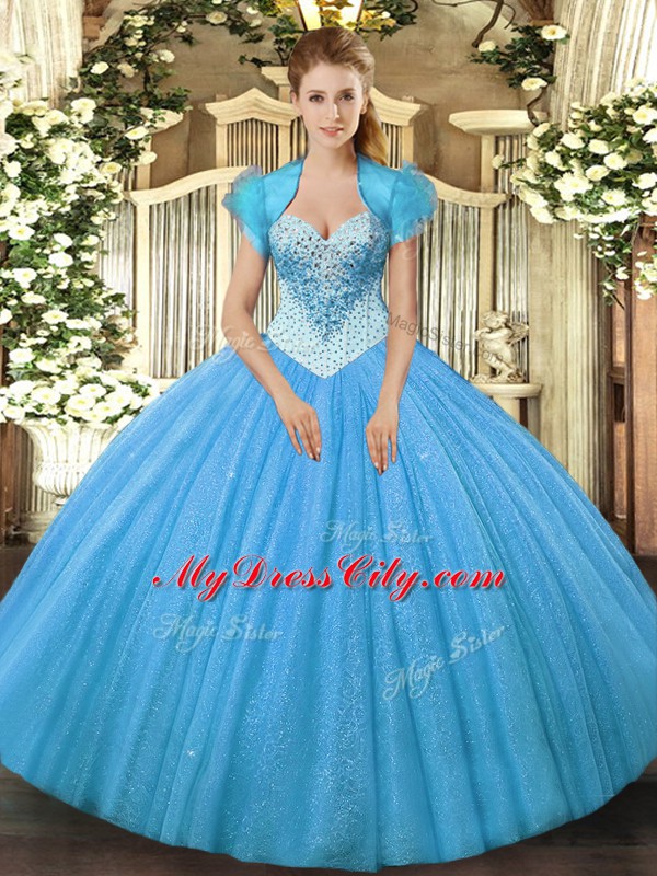 Modern Aqua Blue Sweetheart Lace Up Beading Sweet 16 Quinceanera Dress Sleeveless