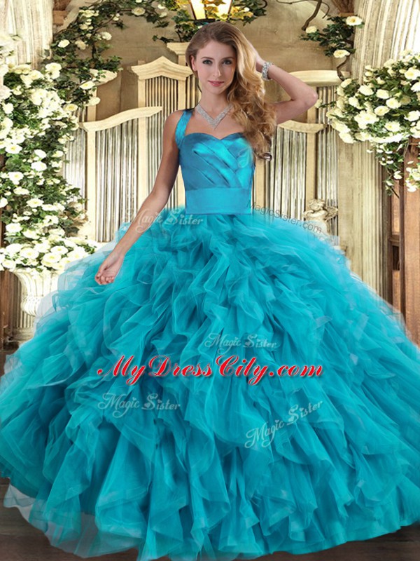 High Quality Halter Top Sleeveless Lace Up 15th Birthday Dress Teal Tulle