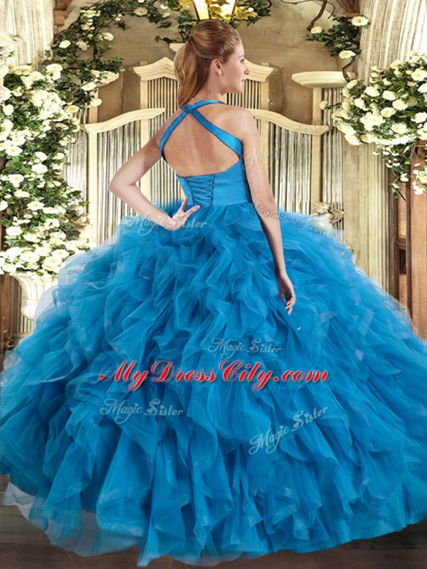 High Quality Halter Top Sleeveless Lace Up 15th Birthday Dress Teal Tulle