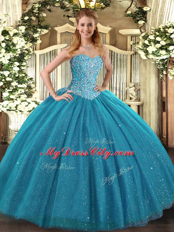 Teal Sweetheart Neckline Beading Ball Gown Prom Dress Sleeveless Lace Up