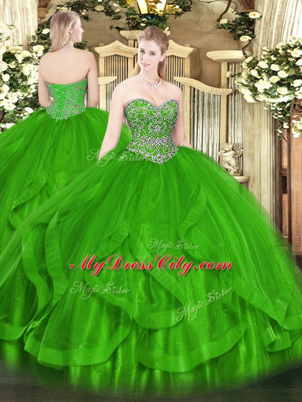 Floor Length Lace Up Vestidos de Quinceanera Green for Military Ball and Sweet 16 and Quinceanera with Beading and Ruffles