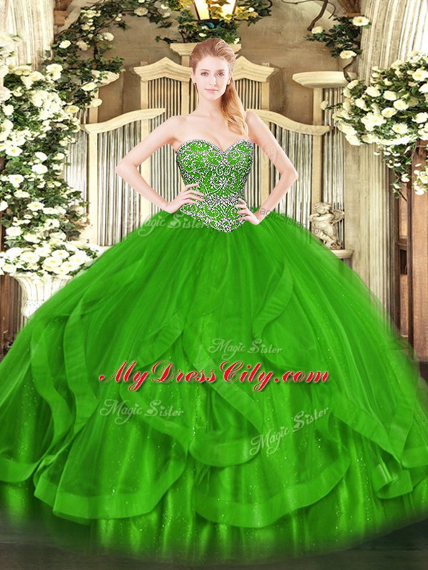 Floor Length Lace Up Vestidos de Quinceanera Green for Military Ball and Sweet 16 and Quinceanera with Beading and Ruffles