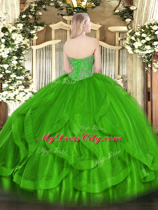 Floor Length Lace Up Vestidos de Quinceanera Green for Military Ball and Sweet 16 and Quinceanera with Beading and Ruffles