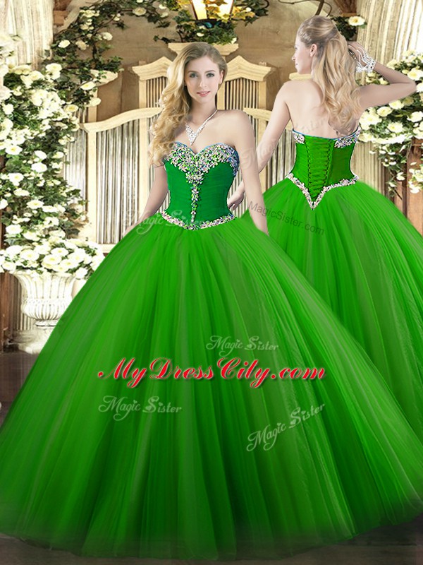 Green Ball Gowns Beading Quinceanera Gowns Lace Up Tulle Sleeveless Floor Length