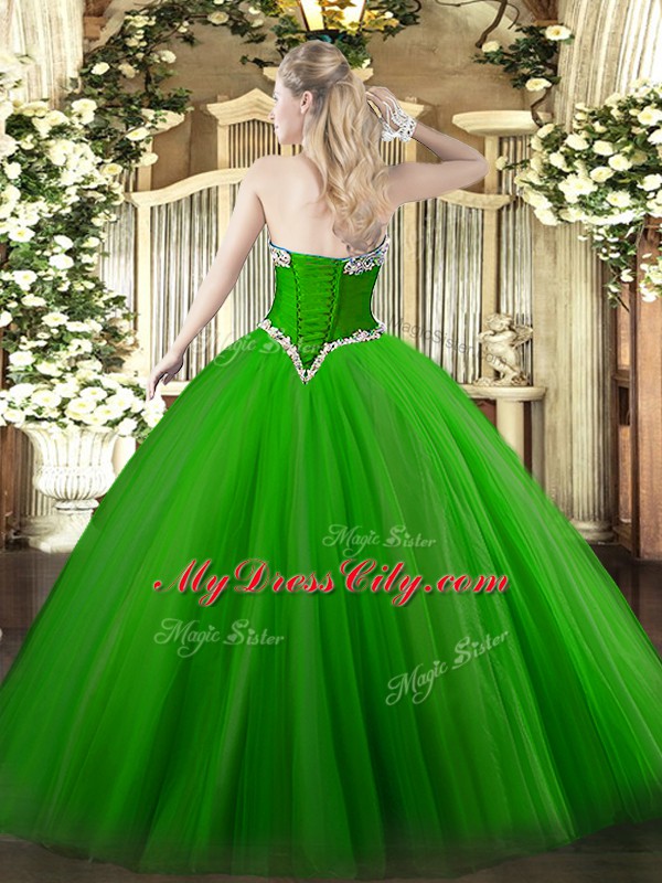 Green Ball Gowns Beading Quinceanera Gowns Lace Up Tulle Sleeveless Floor Length