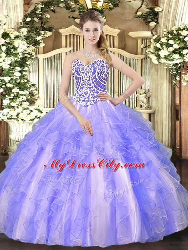 High Low Lace Up Sweet 16 Dresses Lavender for Military Ball and Sweet 16 and Quinceanera with Beading and Ruffles