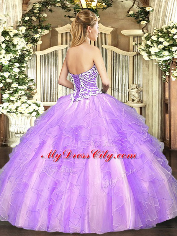 High Low Lace Up Sweet 16 Dresses Lavender for Military Ball and Sweet 16 and Quinceanera with Beading and Ruffles