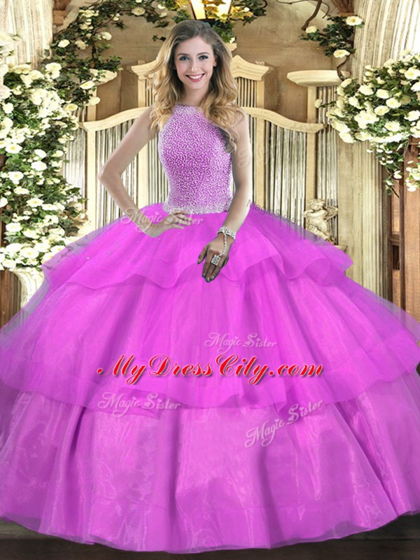 High-neck Sleeveless Tulle Ball Gown Prom Dress Beading and Ruffled Layers Lace Up