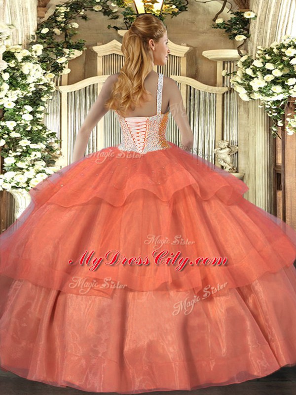 High-neck Sleeveless Tulle Ball Gown Prom Dress Beading and Ruffled Layers Lace Up