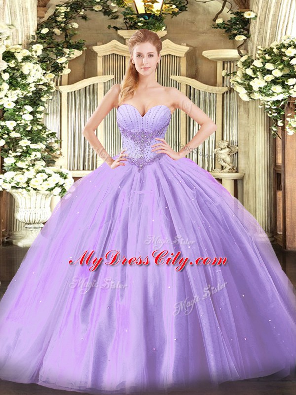 High Class Floor Length Lace Up Sweet 16 Quinceanera Dress Lavender for Military Ball and Sweet 16 and Quinceanera with Beading