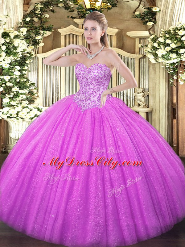 Lilac Sweetheart Lace Up Appliques Quince Ball Gowns Sleeveless